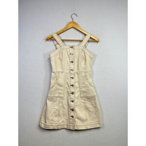 Denim Jean Pinafore Dress Button Front Tan Utility‎ Pockets Mini